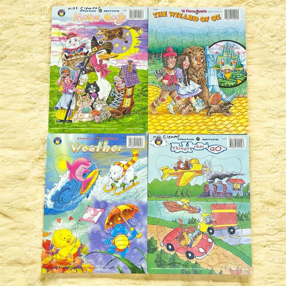 VTG 90s Playmore Kids Tray Puzzle Lot of 4 Wizard Oz Mother Goose Weather 12 Pcs
